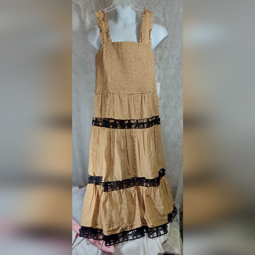 Collection B Tan Dress with Black Lace Trim